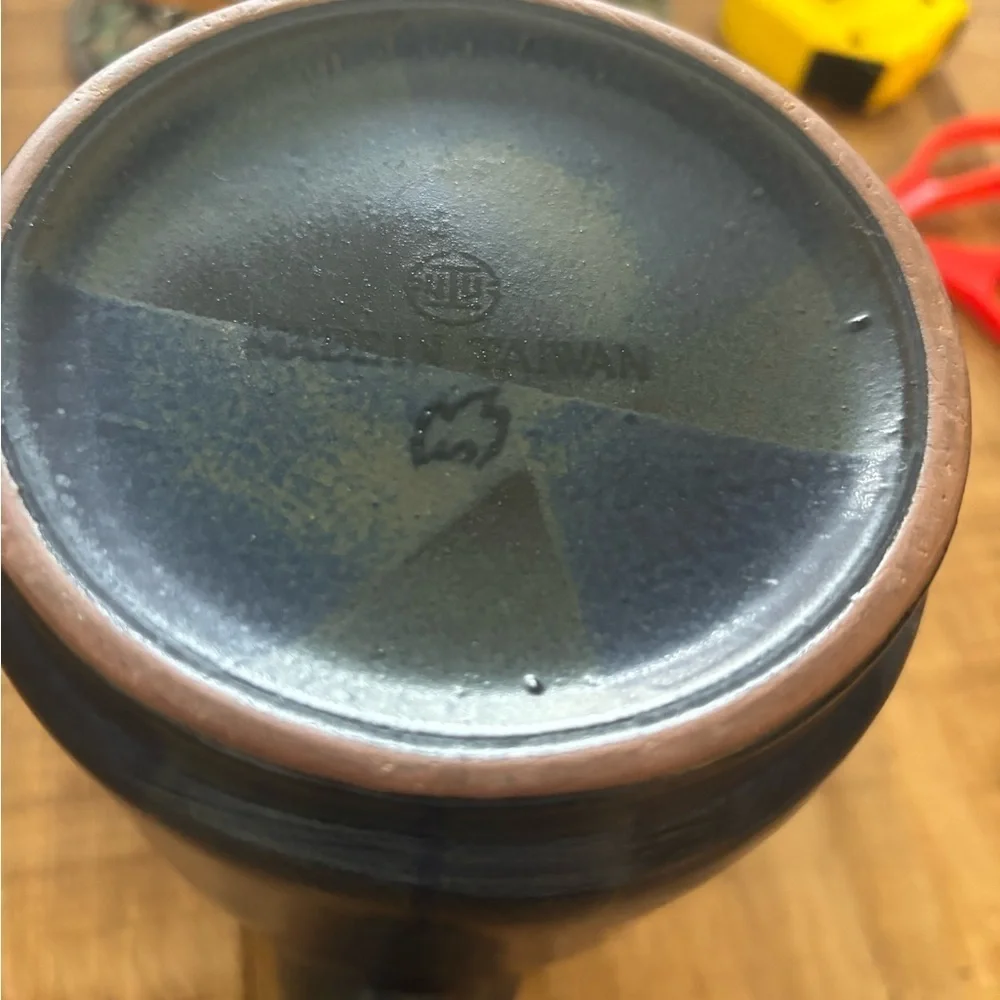 Vintage MCM Redware Pottery Pitcher.  9”T Navy | Unique | Oriental | Mid Century
